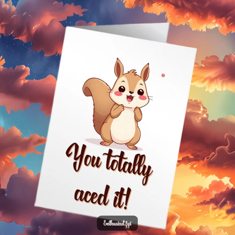 Funny Free Printable Congratulations Card: A squirrel with pom-poms enthusiastically cheers, celebrating a grand achievement.