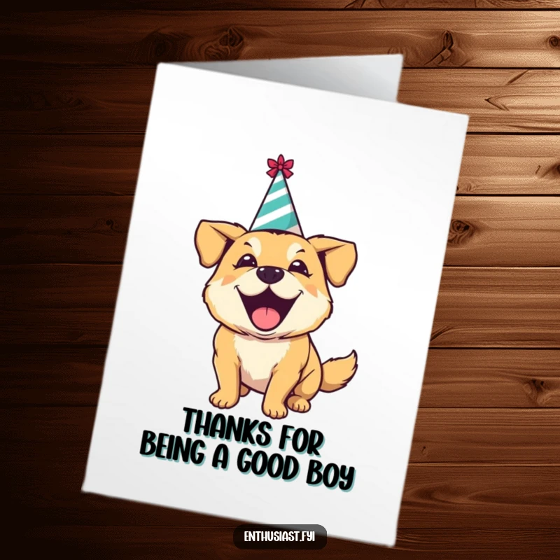 Funny free printable thank you card: an excited dog wearing a party hat barks happily to express thanks.