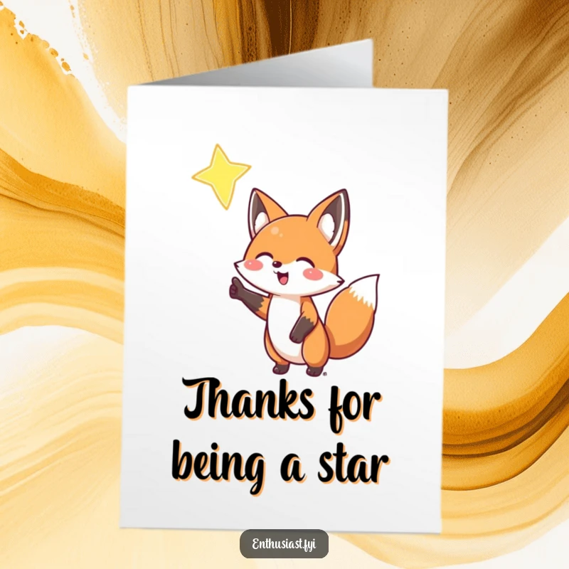 Funny free printable thank you card with a happy fox pointing enthusiastically at a bright star, showing immense gratitude.