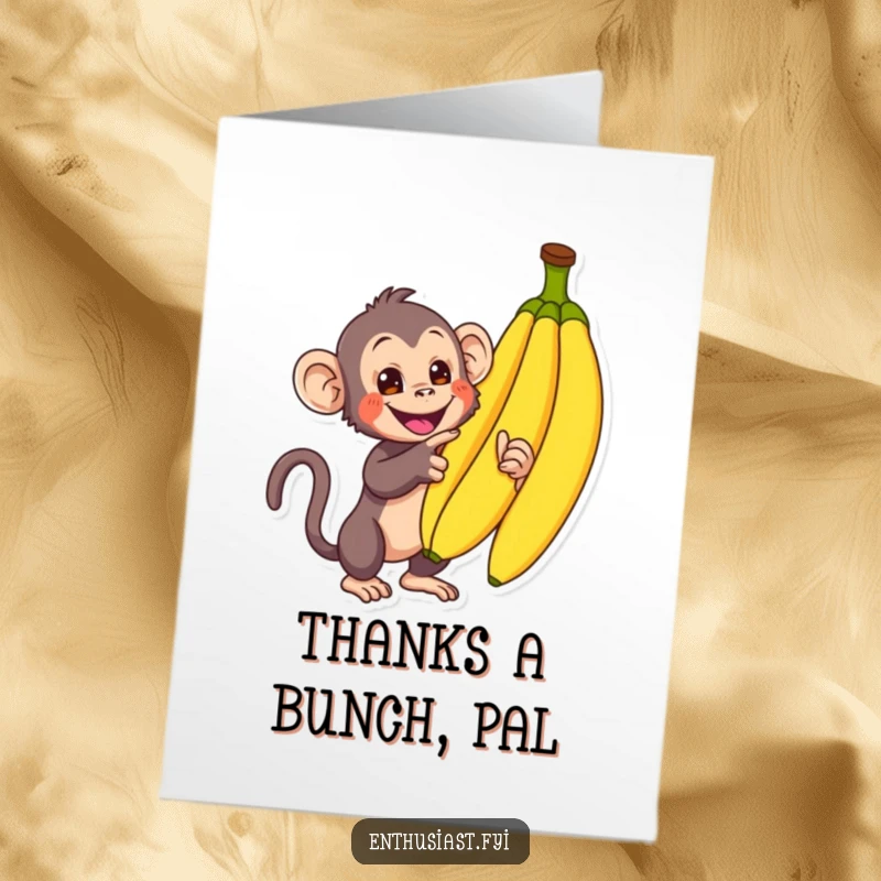 Funny free printable thank you card of a curious monkey pointing excitedly at a pile of bananas, showing thanks.