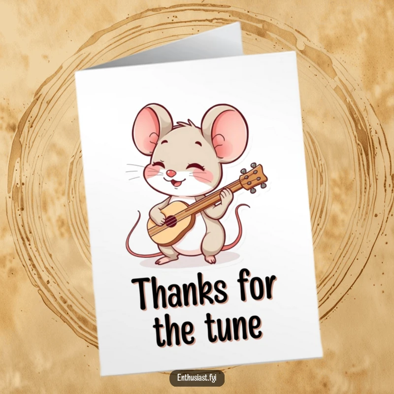 Funny Free Printable Thank You Card of a spirited mouse playing a miniature, cheerful instrument with gusto.