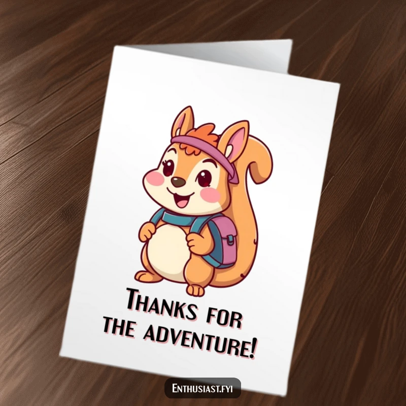 Funny Free Printable Thank You Card: A cheerful squirrel wearing a backpack looks ready and excited for an adventure.