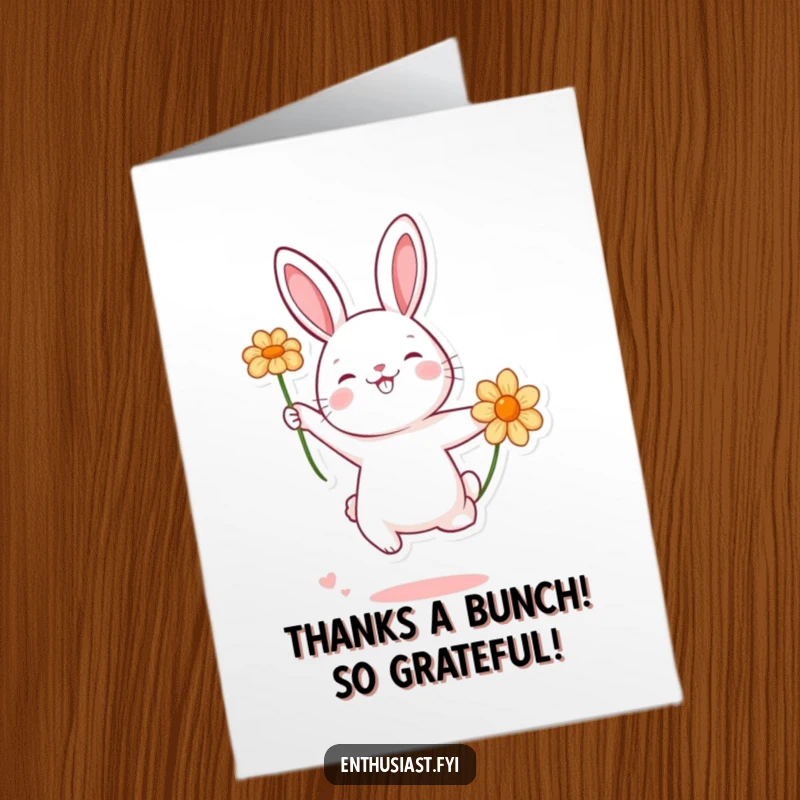 Funny Free Printable Thank You Card: A cheerful rabbit jumping with a flower, conveying heartfelt thanks with a playful spirit.