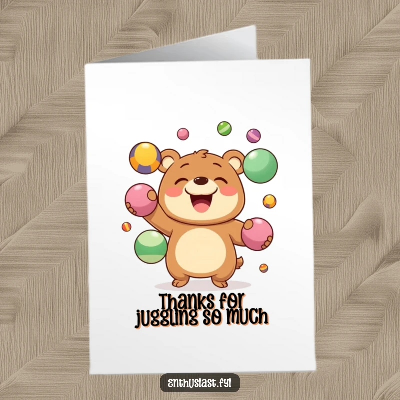Funny Free Printable Thank You Card of a joyous bear juggling colorful balls, great as a DIY gift.