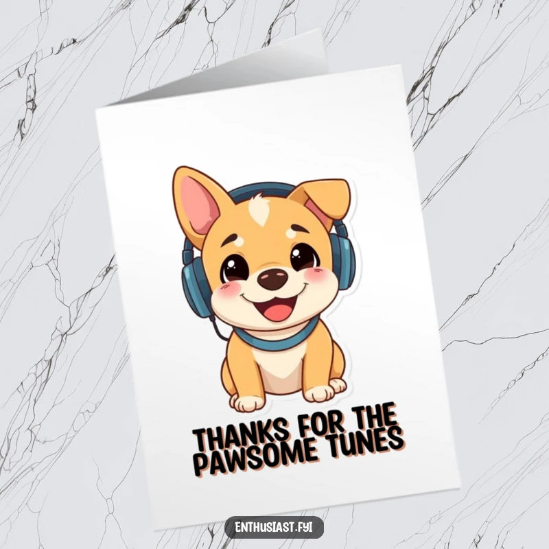 Funny Free Printable Thank You Card: Happy dog with headphones on, sending groovy thanks with a smile.