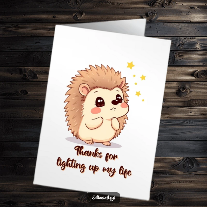 Funny Free Printable Thank You Card features a thoughtful hedgehog watching fireflies with a serene look of wonder.