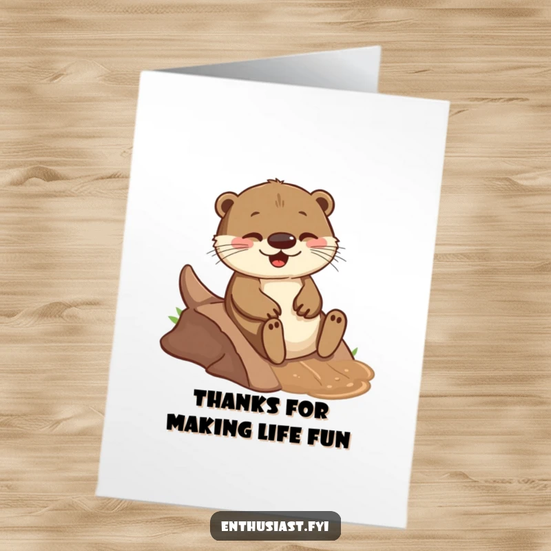 Funny Free Printable Thank You Card shows a playful otter joyfully sliding down a muddy slope, conveying thanks.