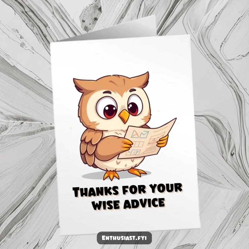 Funny Free Printable Thank You Card of an eager owl studying a diagram, great as a DIY gift.