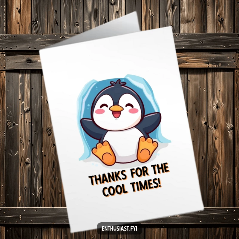 Funny Free Printable Thank You Card of a happy penguin sliding down a colorful rainbow ice chute.
