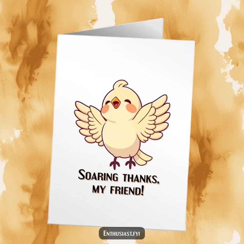Funny Free Printable Thank You Card: A happy bird swooping down with excitement towards a wonderfully shiny object.