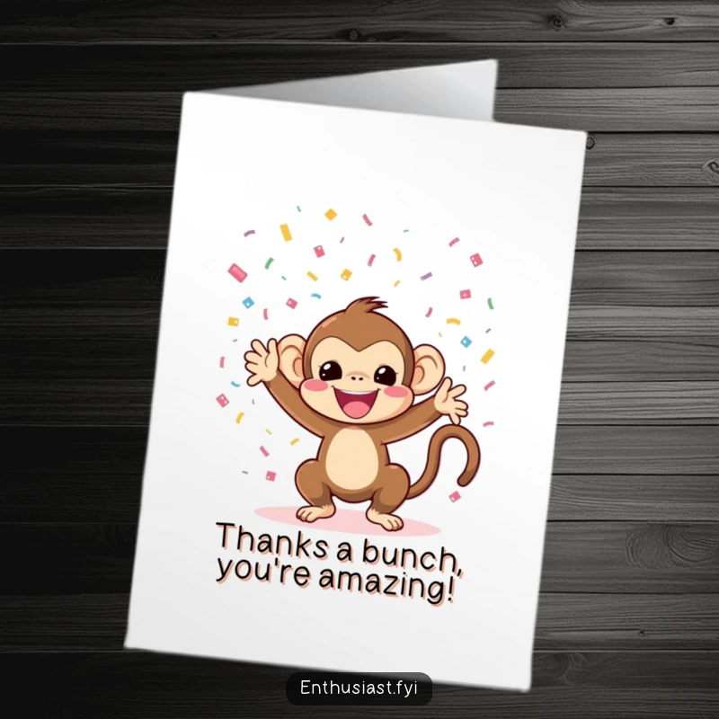 Funny Free Printable Thank You Card: A cheerful monkey character enthusiastically throwing confetti to show sincere thanks.