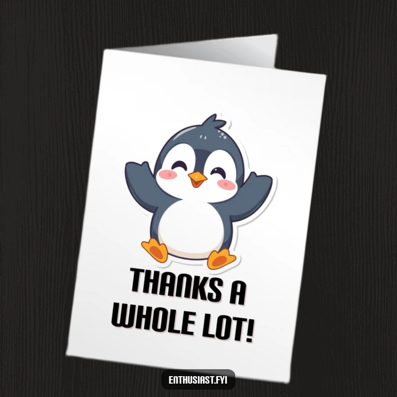 Funny Free Printable Thank You Card: A playful penguin character waves both flippers enthusiastically, sending thanks.