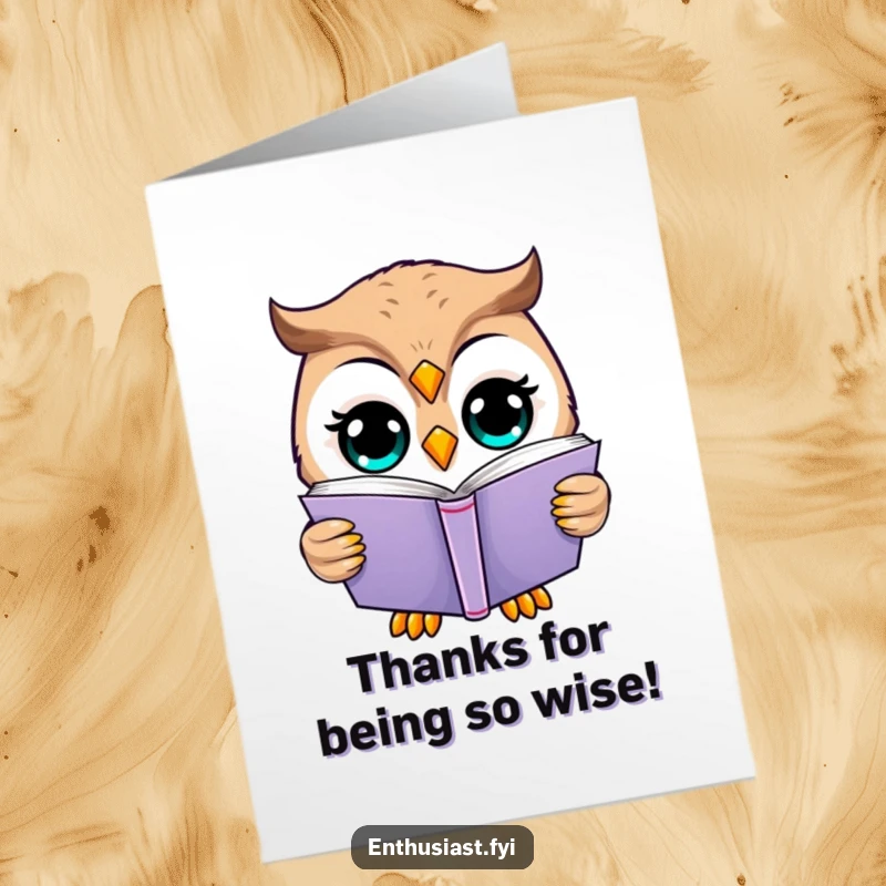 Funny Free Printable Thank You Card: Happy owl diligently reading a thick book, conveying thanks with intelligent eyes, a downloadable gift.