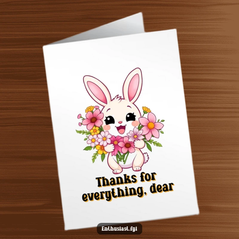 Funny Free Printable Thank You Card: A cheerful rabbit looks pleased holding a vibrant bunch of flowers.