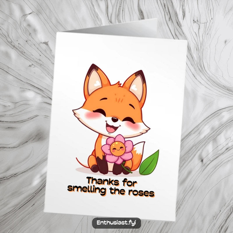 Funny Free Printable Thank You Card with a happy fox enthusiastically sniffing a beautiful, colorful flower, showing gratitude.