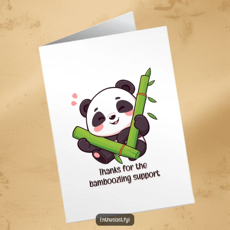 Funny Free Printable Thank You Card features a proud panda enthusiastically hugging a big bamboo stalk, conveying thanks.
