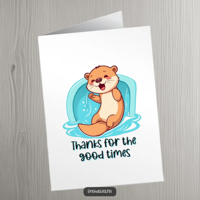 Funny free printable thank you card with a playful otter sliding down a water slide, showing happy thanks.