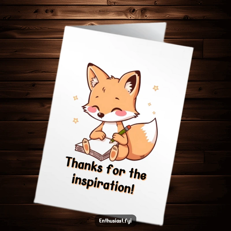 Funny Free Printable Thank You Card: Playful fox with a notebook rapidly sketching, offering thanks.