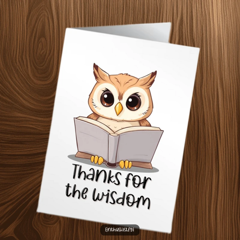 Funny Free Printable Thank You Card of a wise owl in glasses, absorbed in reading a giant book.