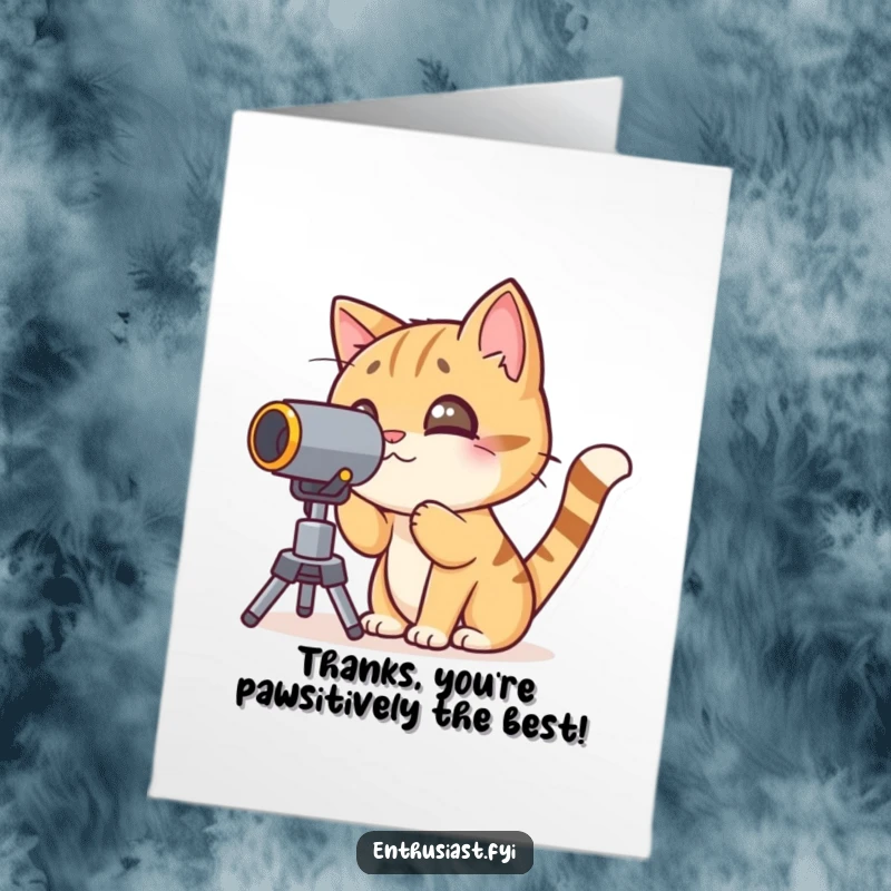 Funny Free Printable Thank You Card: A curious cat character peering through a telescope to show sincere appreciation.