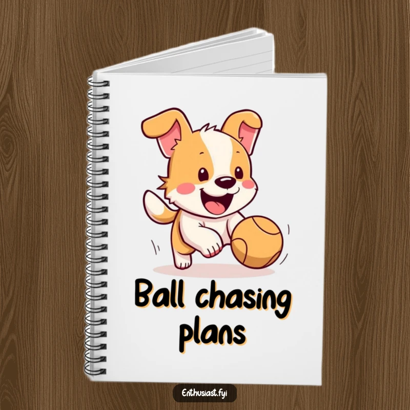 Funny dog notebook with a happy dog's tail wagging furiously, excitedly chasing a bouncing ball, perfect for note-taking.