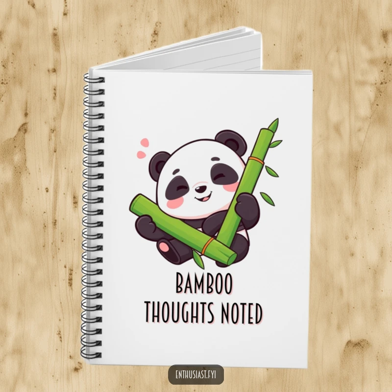 Funny notebook with a proud panda, happy sigh, enthusiastically hugging a large bamboo stalk, ideal for note-taking.