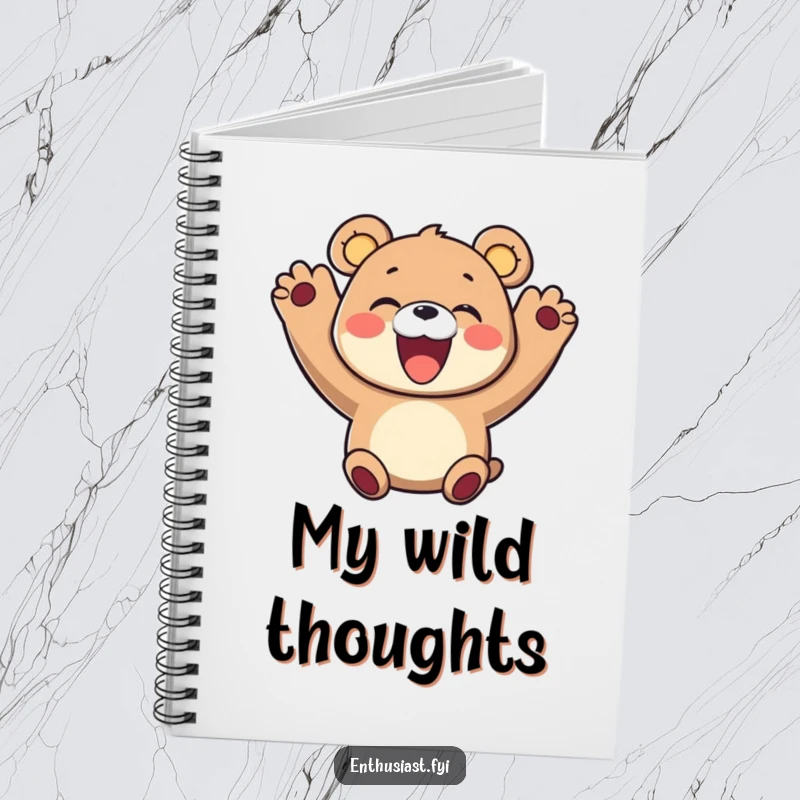 Funny notebook with a delighted bear character cheering with paws up and a wide smile, inspiring happy thoughts and creativity.