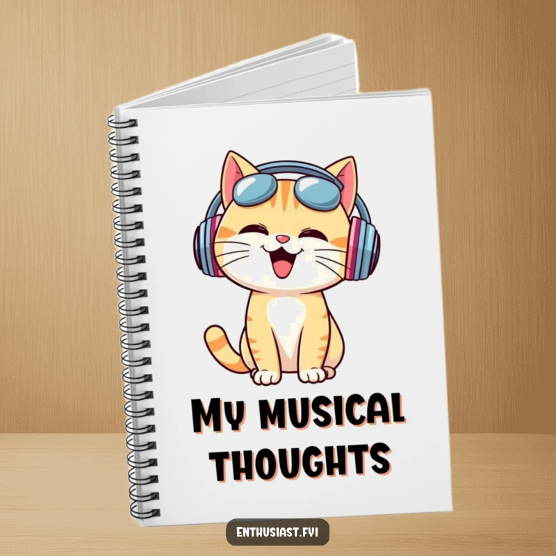 Funny Notebook: Cheerful cat wearing oversized headphones, bobbing head to music, great for creative notes.