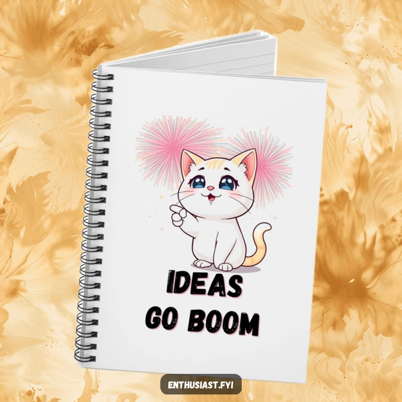 Funny cat notebook featuring a cat with sparkling eyes pointing at a bursting fireworks display, perfect for jotting down explosive ideas.