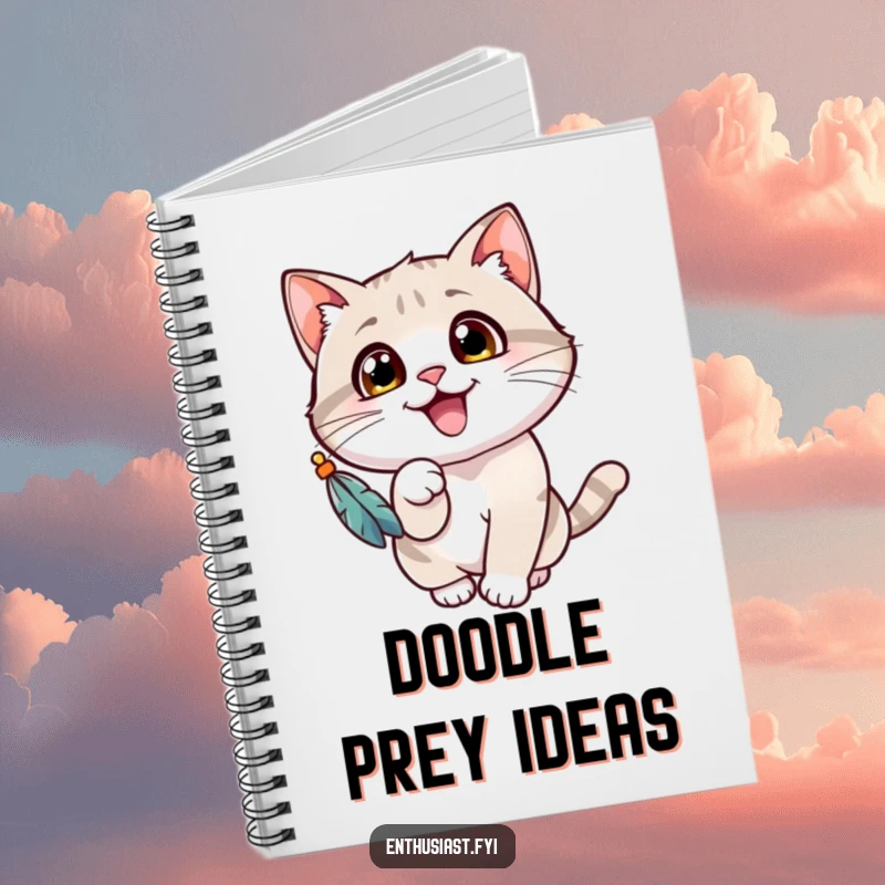 Funny cat notebook with a cheerful cat's wide eyes, gleefully batting at a dangling feathered toy, perfect for note-taking.