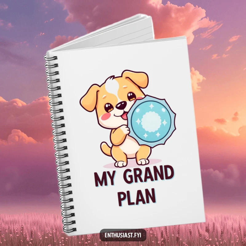Funny notebook cover featuring a cute dog character holding a shiny badge, perfect for capturing enthusiastic ideas.