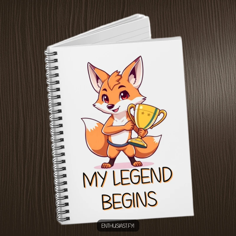 Funny notebook with a proud fox character striking a pose with a large, shiny trophy, ideal for writing down ideas and celebrating accomplishments.