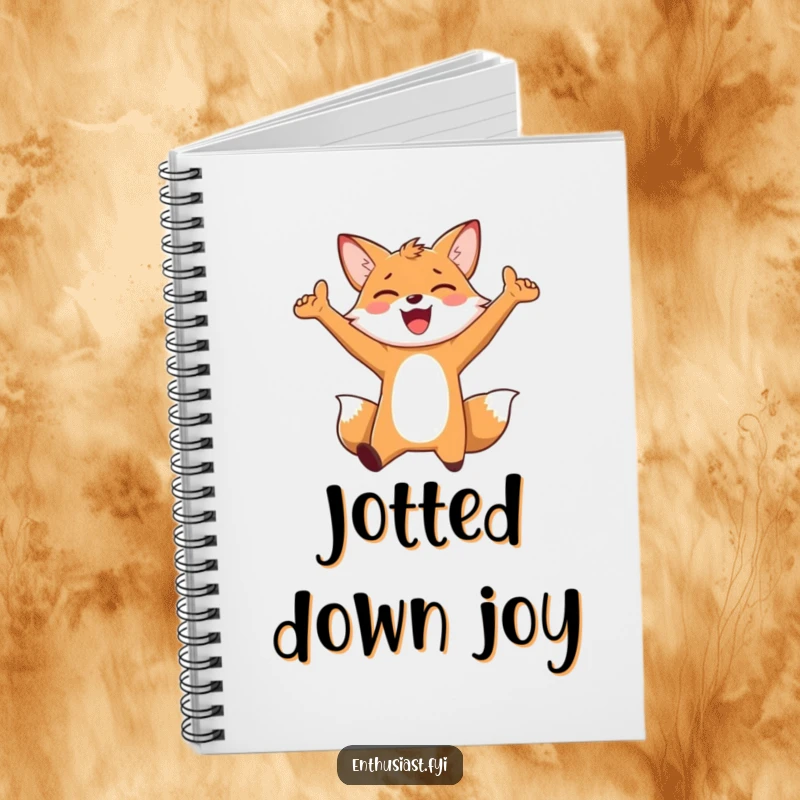Funny Notebook: An enthusiastic fox character jumping for joy with arms outstretched, perfect for writing down happy thoughts.