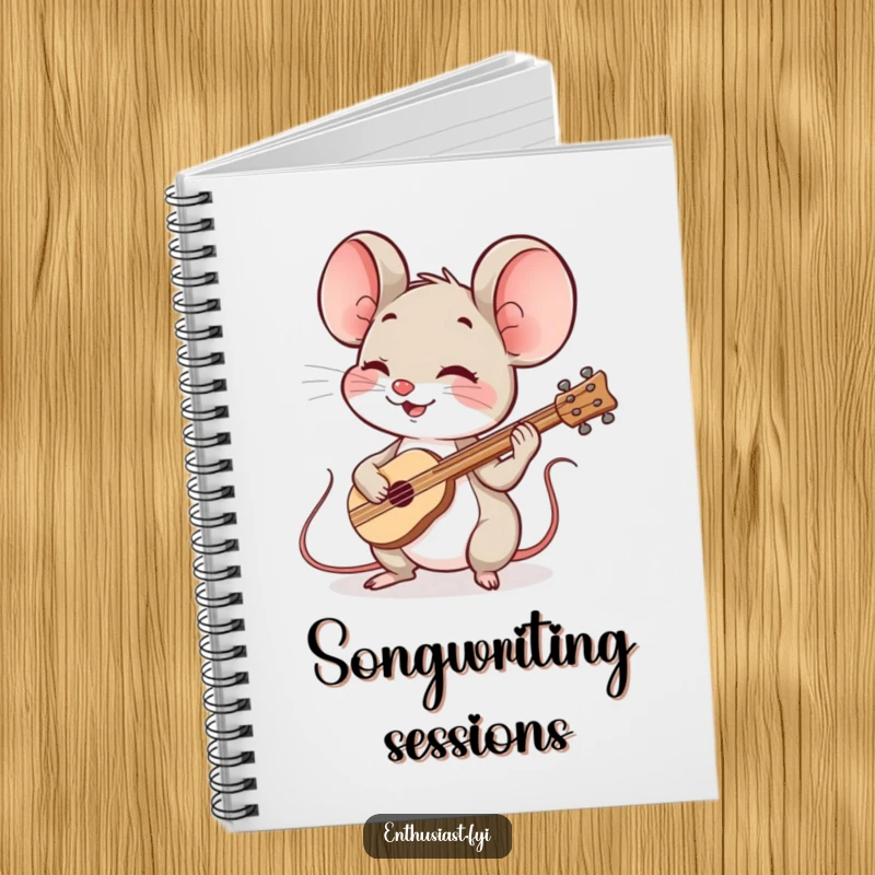 Funny mouse music notebook features a spirited mouse playing a tiny instrument, perfect for composing notes and melodies.