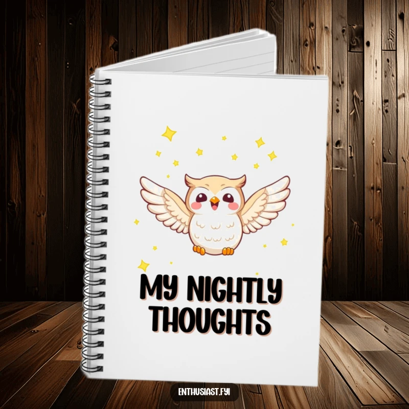 Funny notebook cover featuring a joyful owl soaring through a starry sky, inspiring celestial ideas.