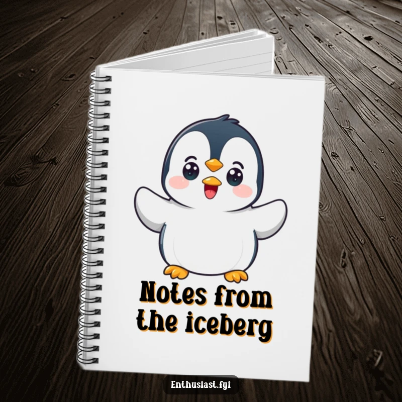Funny penguin notebook with a cute character waving hello on the cover, ideal for jotting down thoughts.