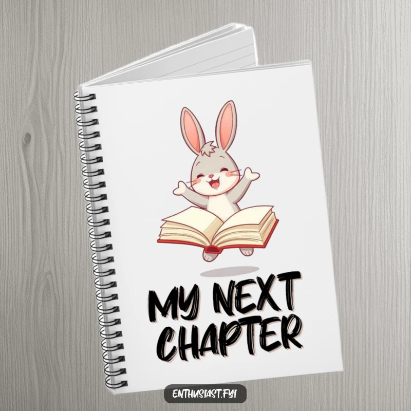 Funny notebook cover with a joyful bunny bouncing with an open book, ideal for notes and literary journaling.