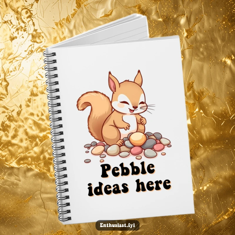 Funny squirrel notebook, featuring an enthusiastic squirrel gathering shiny pebbles. A creative and humorous journal gift.