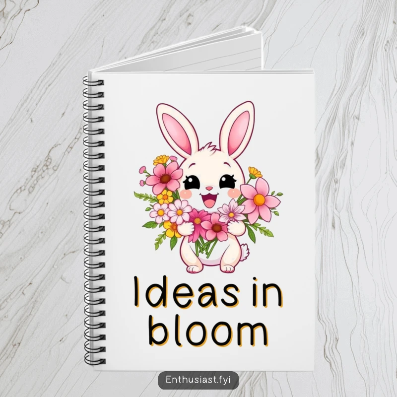 Funny notebook featuring a delighted rabbit character holding a vibrant bouquet of flowers, perfect for writing notes and capturing happy thoughts.