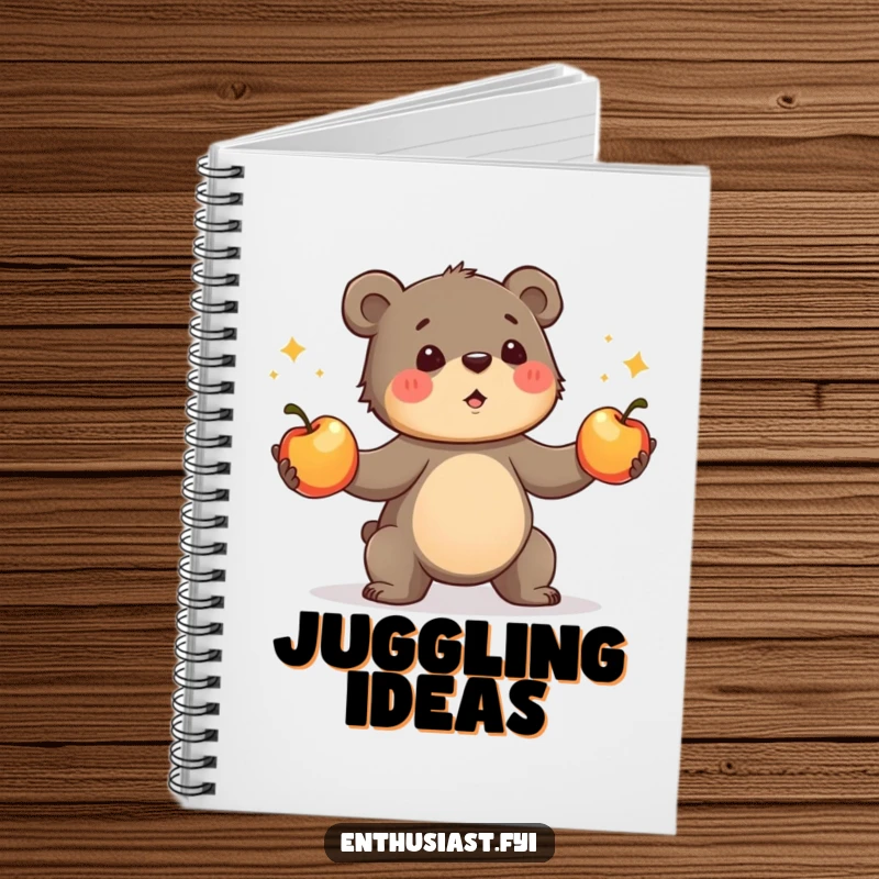 Funny bear cub notebook, featuring a determined cub enthusiastically juggling apples. A creative and humorous journal gift.