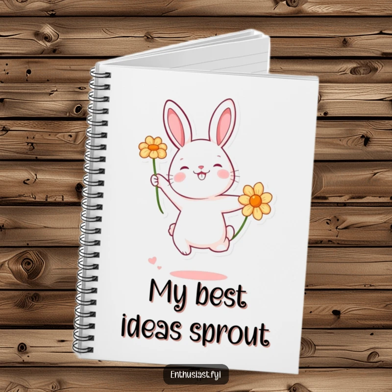 Funny rabbit jumping with delight over a flower, a creative and humorous notebook for journaling and sketching.