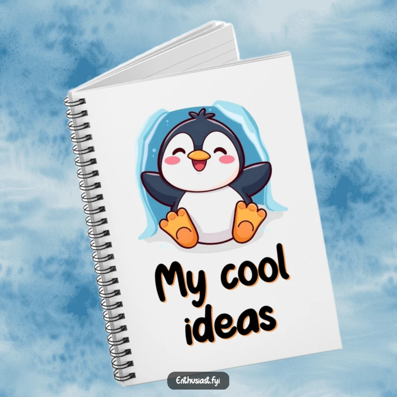 Funny notebook cover featuring a cheerful penguin sliding down a colorful rainbow chute, inspiring cool ideas.