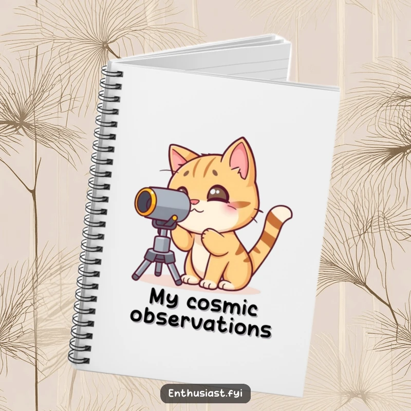Funny cat notebook with a curious character looking through a telescope on the cover, perfect for notes.