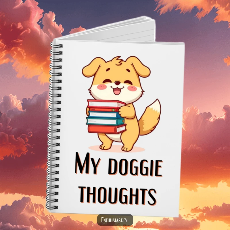 Funny notebook cover with a happy dog character with a wagging tail, excitedly holding a large pile of books.