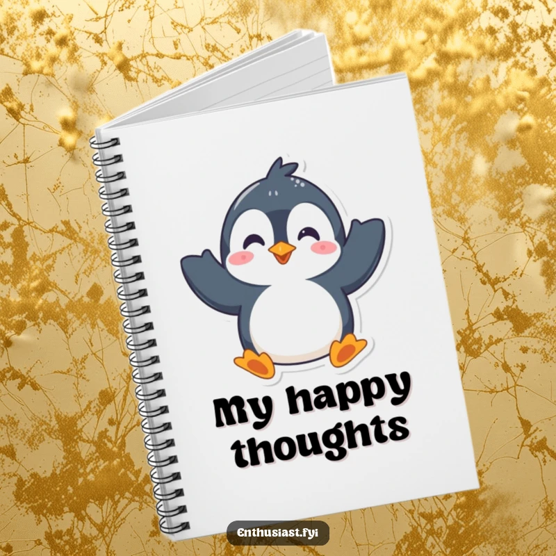 Funny notebook featuring a playful penguin character enthusiastically waving both flippers, ideal for jotting down notes and cheerful thoughts.