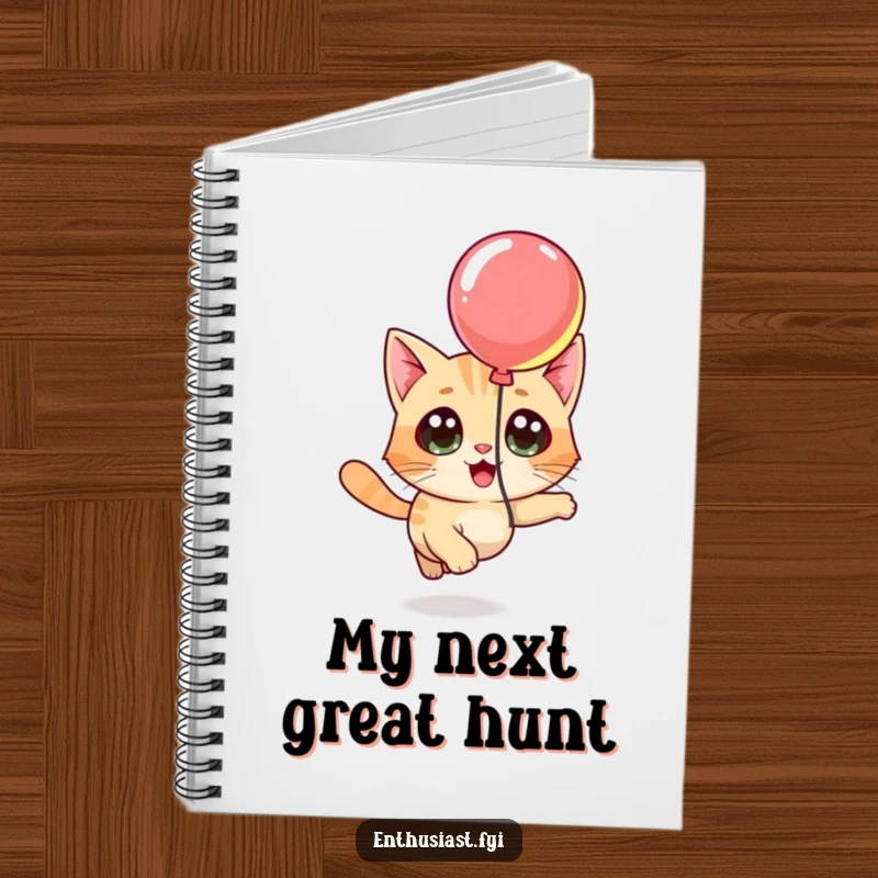 Funny notebook cover featuring a curious cat with wide eyes chasing a colorful balloon, inspiring playful ideas.
