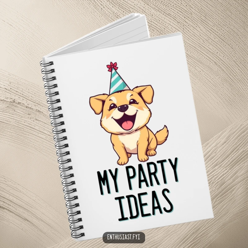Funny notebook with an excited dog in a party hat, happily barking, offering a humorous and festive place for notes.