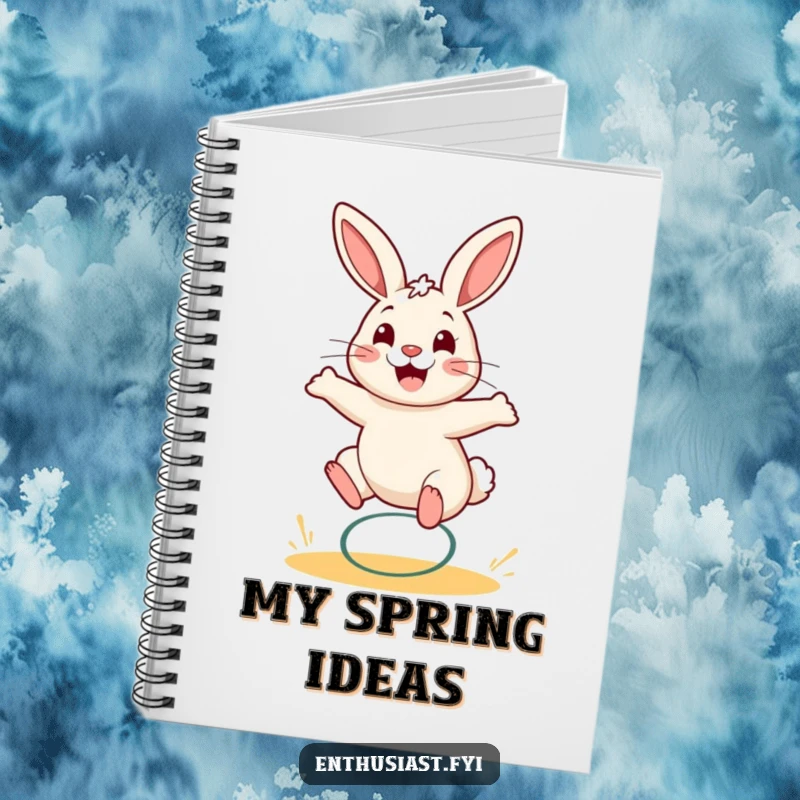 Funny rabbit notebook with a cheerful bunny bouncing on a spring, inspiring joy.