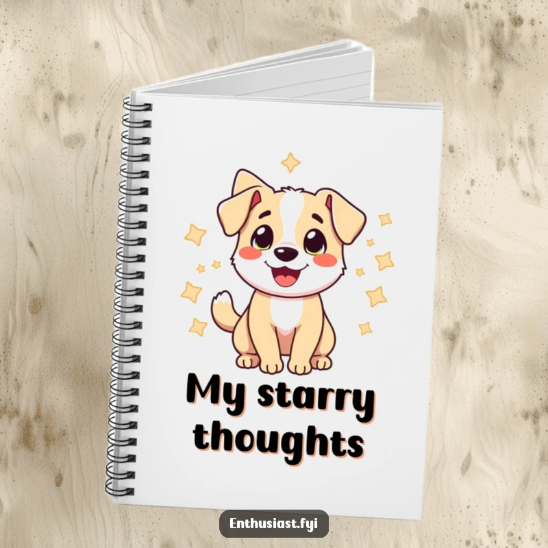 Funny notebook with a cheerful dog wagging its tail amid stars, perfect for jotting down happy thoughts and ideas.
