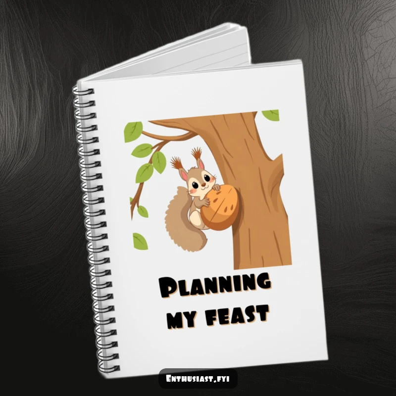 Funny squirrel notebook showing a squirrel in a tree, with wide eyes fixed on a massive nut, symbolizing big ideas.